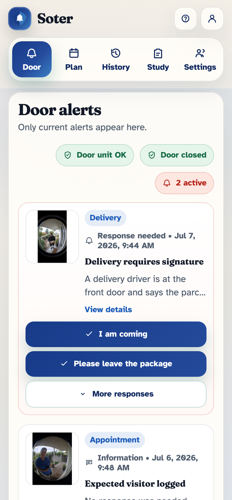 The Soter occupant app showing the Door, Plan, History, Study, and Settings tabs, with the Door page open